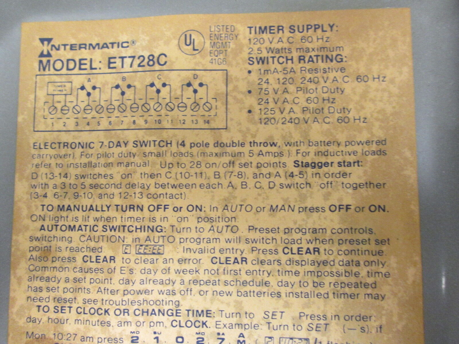 Intermatic Electronic Timer ET728C 7-Day 120V 60Hz Used