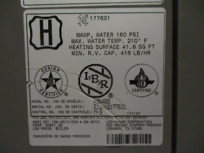 Lochinvar Knight XL Commercial Boiler KBN400 Input: 399,000 BTU Natural Gas Used