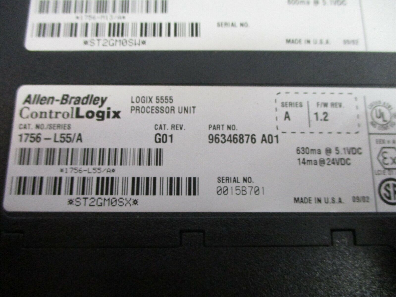 Allen-Bradley ControlLogix Logix 5555 Processor Unit 1756-L55/A Ser. A Rev. G01