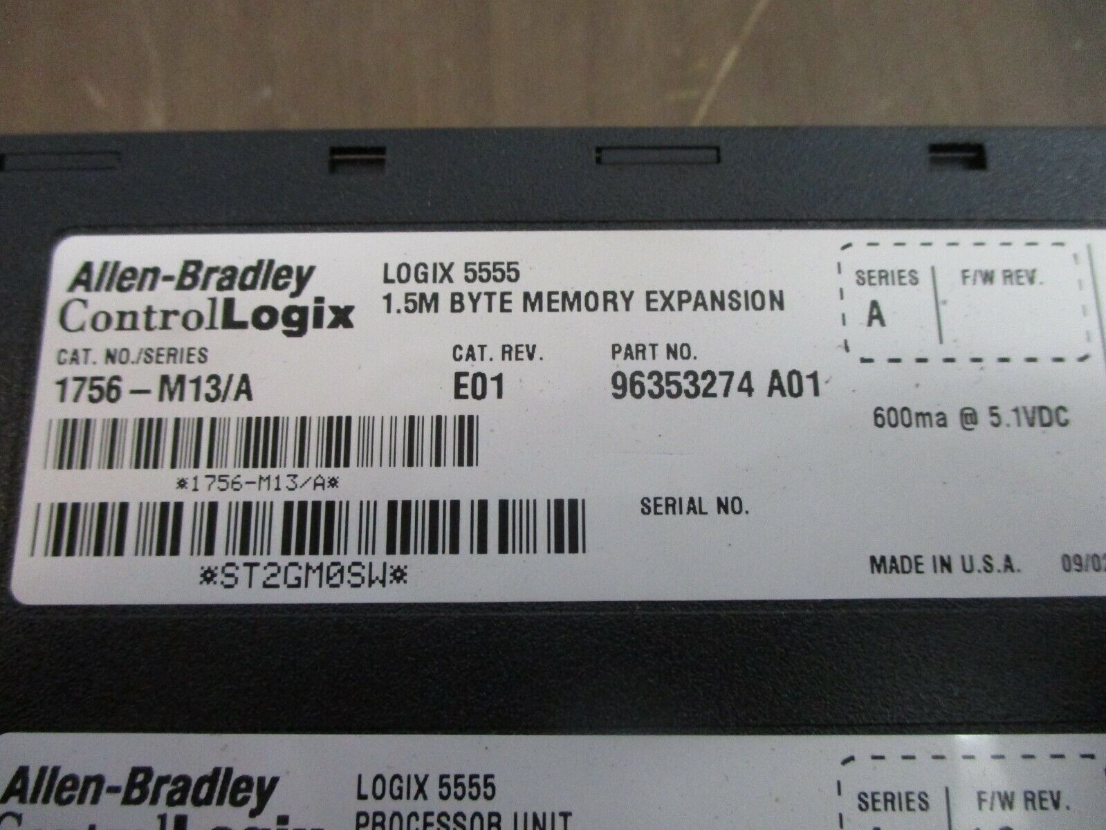 Allen-Bradley ControlLogix Logix 5555 Processor Unit 1756-L55/A Ser. A Rev. G01