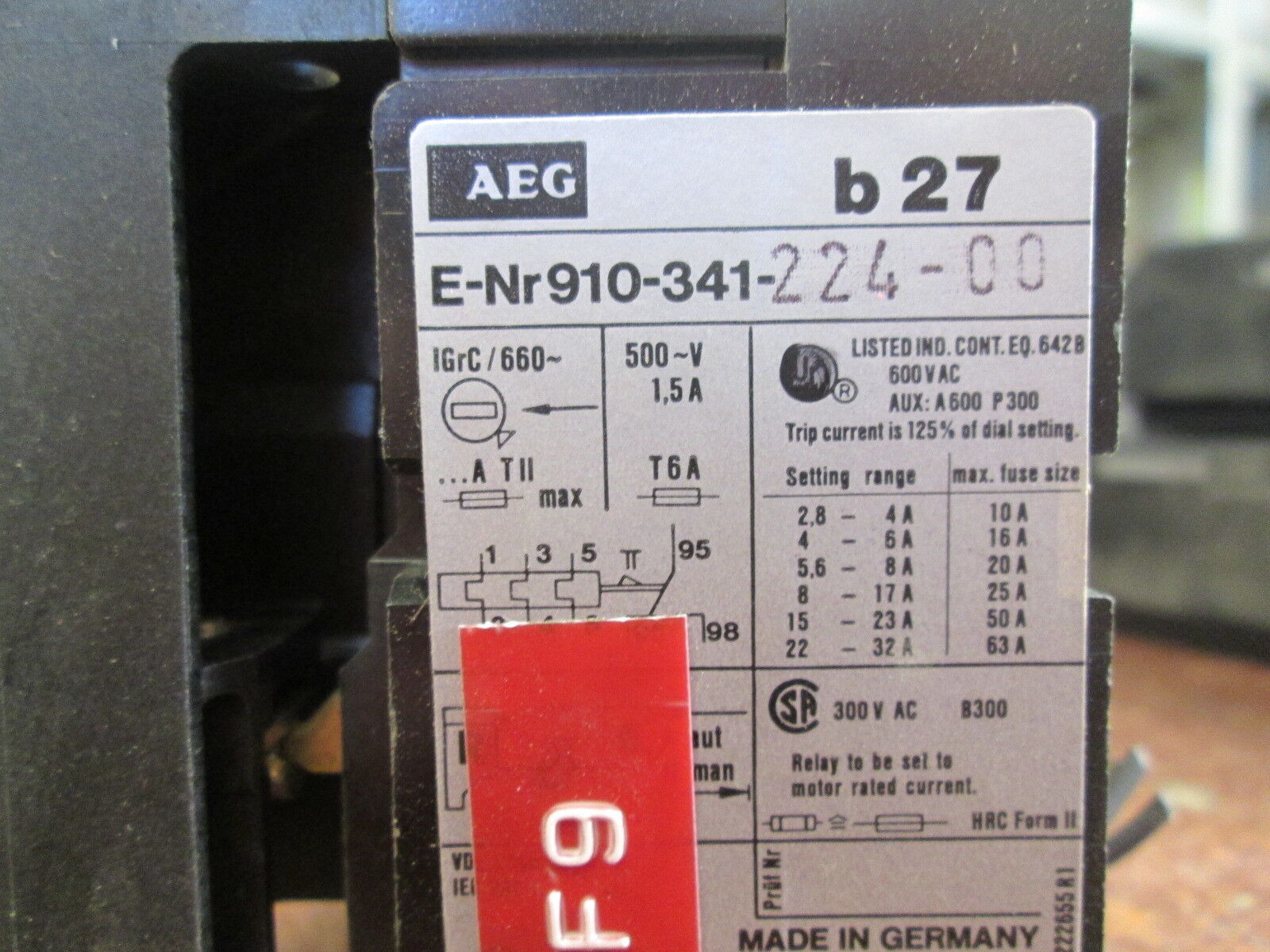 AEG B 27 Solid State Overload E-Nr910-341-224-00 Range: 0.4-0.6A Used