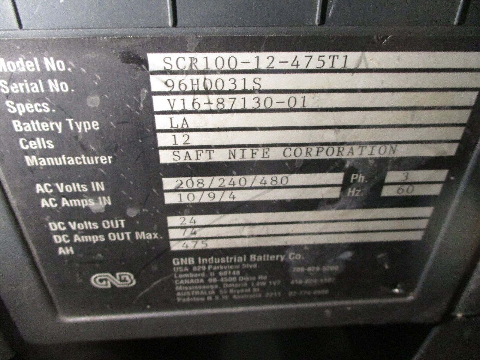 GNB SCR Charger 100 Intelligent Power System SCR100-12-475T1 475AH Used