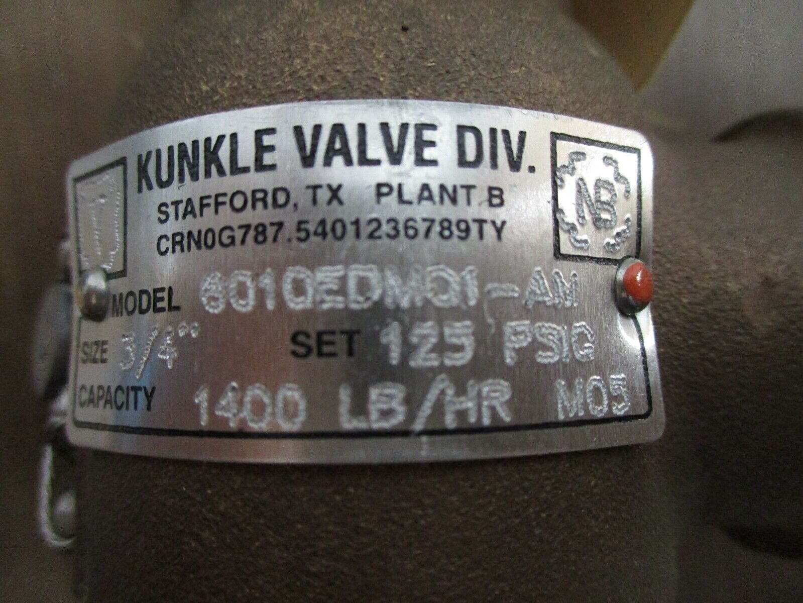 Kunkle Safety Relief Valve 6010EDM01-AM Size: ¾" Set: 125PSIG New Surplus