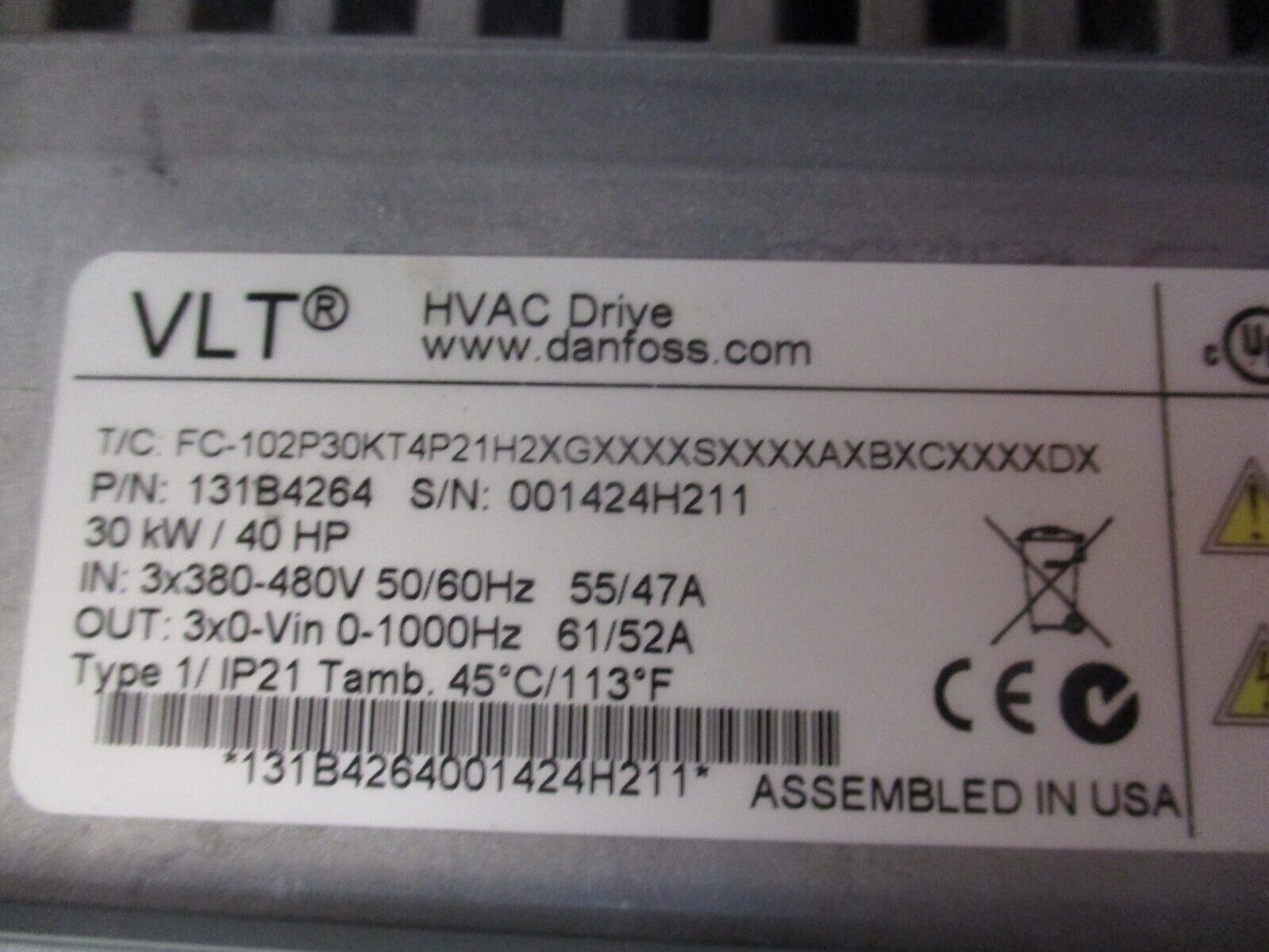 Danfoss VLT AC Drive 131B4264 40HP 3Ph Input: 3x380-480V 50/60Hz 55/47A Used