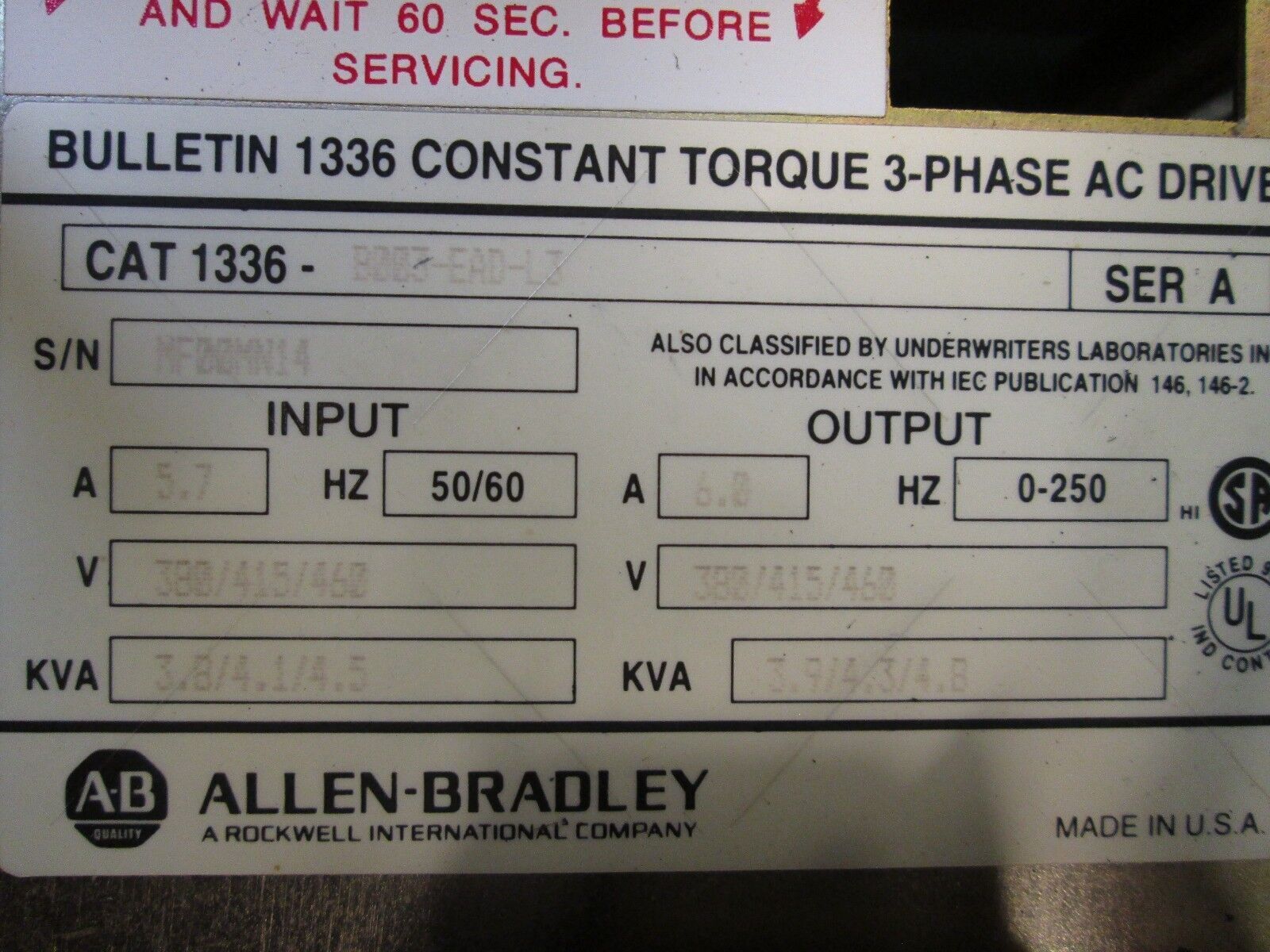 Allen-Bradley 1336 AC Drive 1336-B003-EAD-L3 3HP Out: 380/415/460V 6A Used