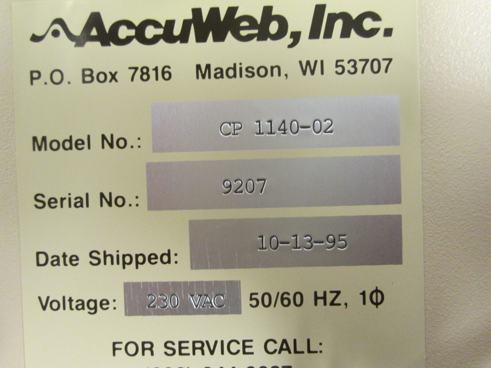 AccuWeb Electronic Web Guide Controller CP 1140-02 230VAC 50/60Hz 1Ph Used