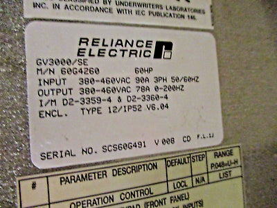 Reliance VTAC 7 GV3000/SE AC Drive 60G4260 60HP Type 12 Enclosure *No Cover*
