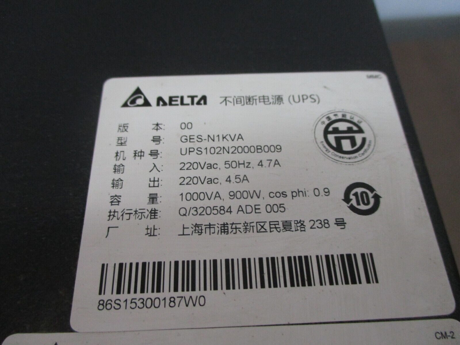 Delta N-Series UPS GES-N1KVA 1KVA 900W 220VAC 50Hz *Cut Power Cord* Used