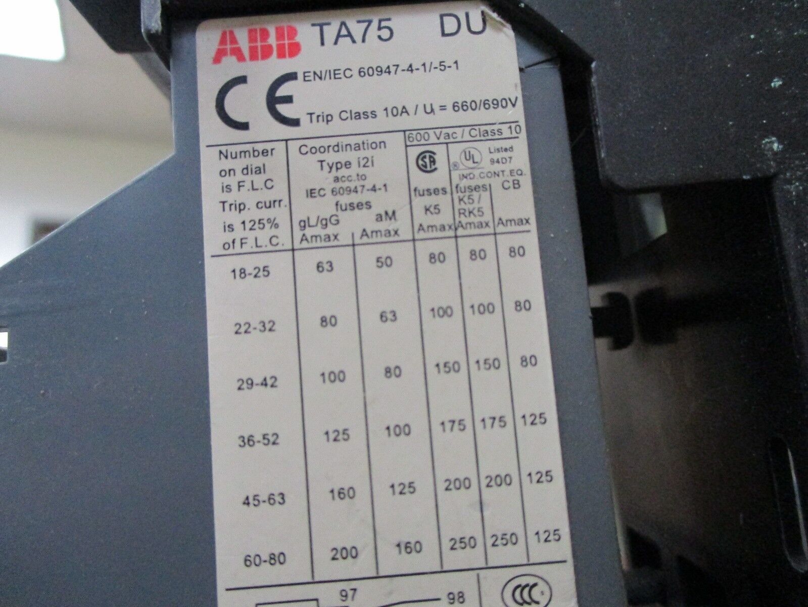 ABB Solid State Overload TA75 DU Trip: 45-63A w/ DIN Rail Adapter Used