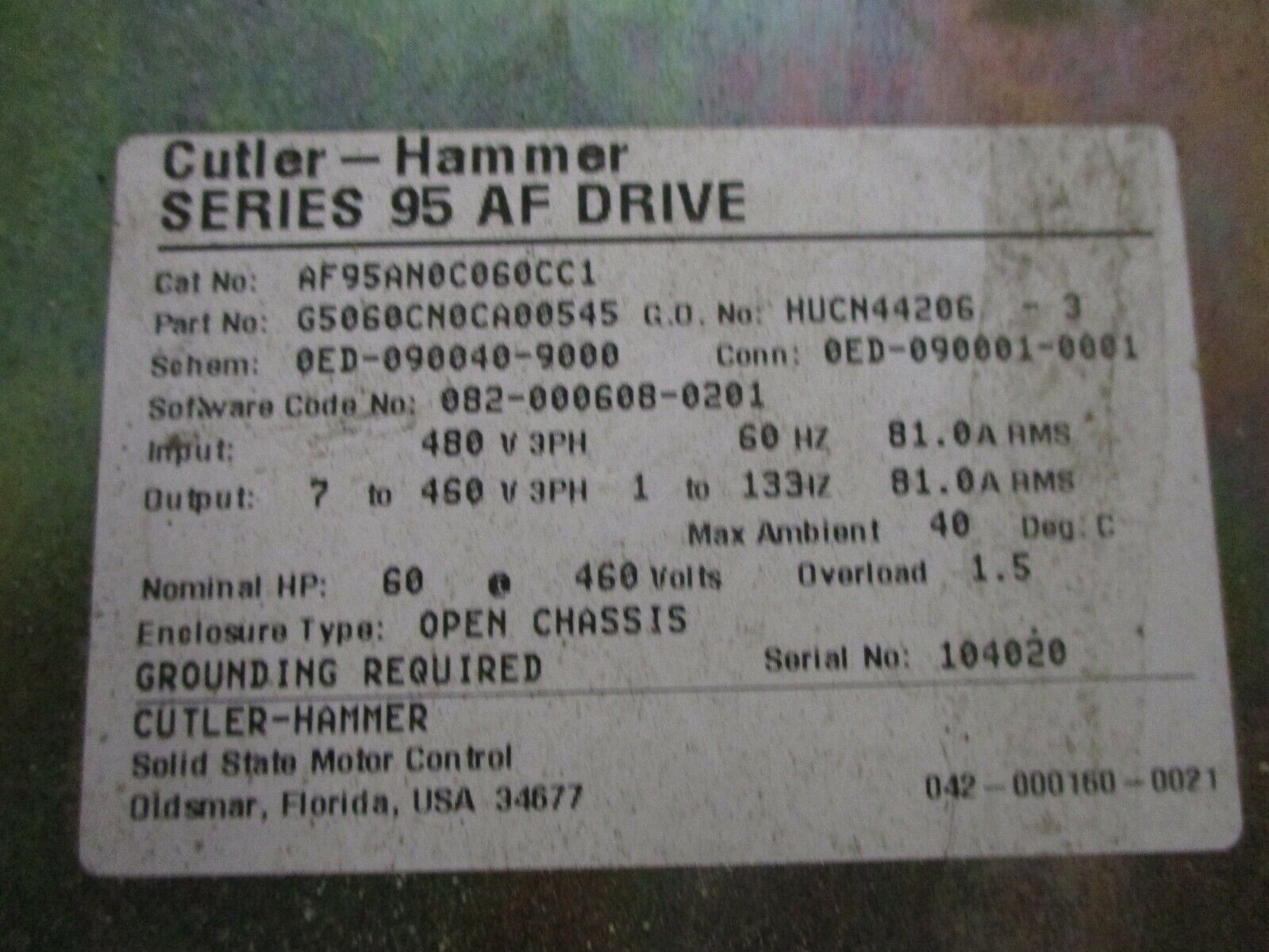 Cutler-Hammer Series 95 AF Drive AF95AN0C060CC1 60HP 3Ph Used