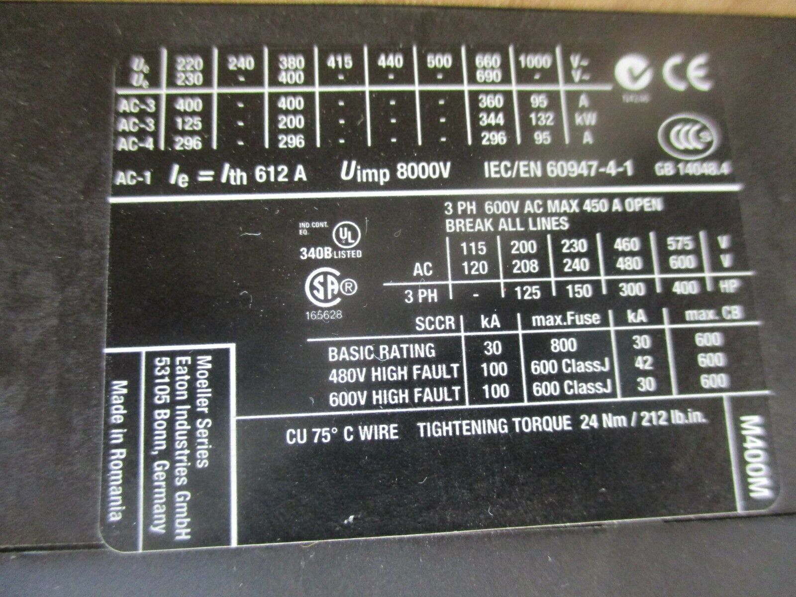 Eaton Contactor DIL M400 XTCE400M 24-48VDC Coil 450A 600V 3Ph Used