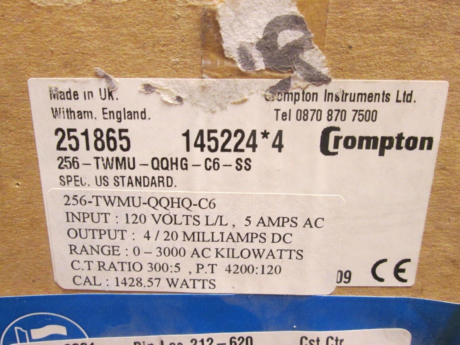 Crompton Paladin Transducer 256-TWMU-QQHQ-C6 Input: 120V 5A Output: 4/20mA DC