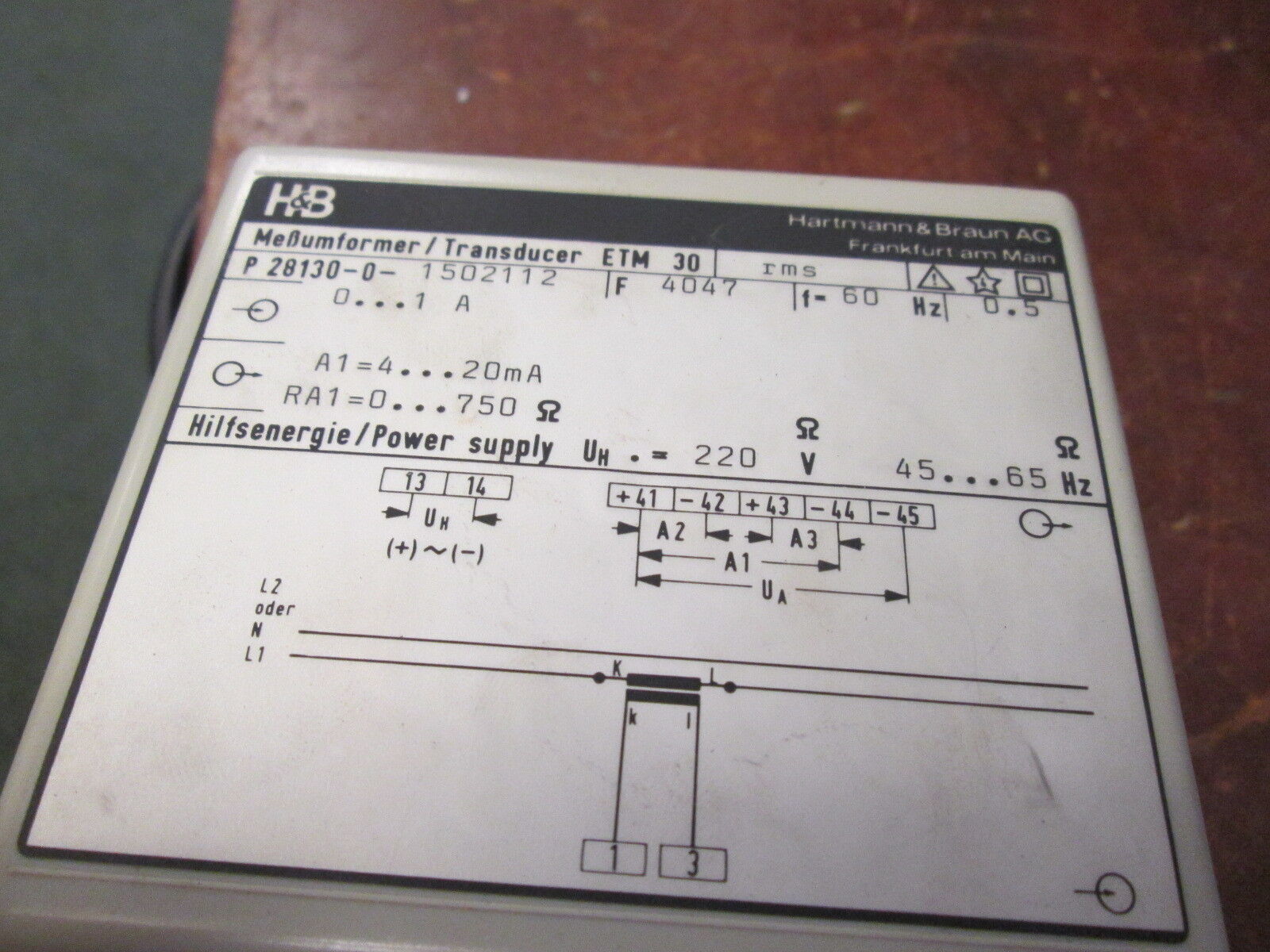 H&B ETM 30 Transducer P 28130-0-1502112 Power: 220V 45-65Hz Used