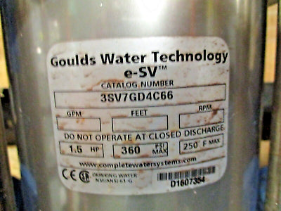 Goulds e-SV Stainless Steel Pump 3SV7GD4C66 1.5HP 3500RPM 360PSI Max 16GPM Used