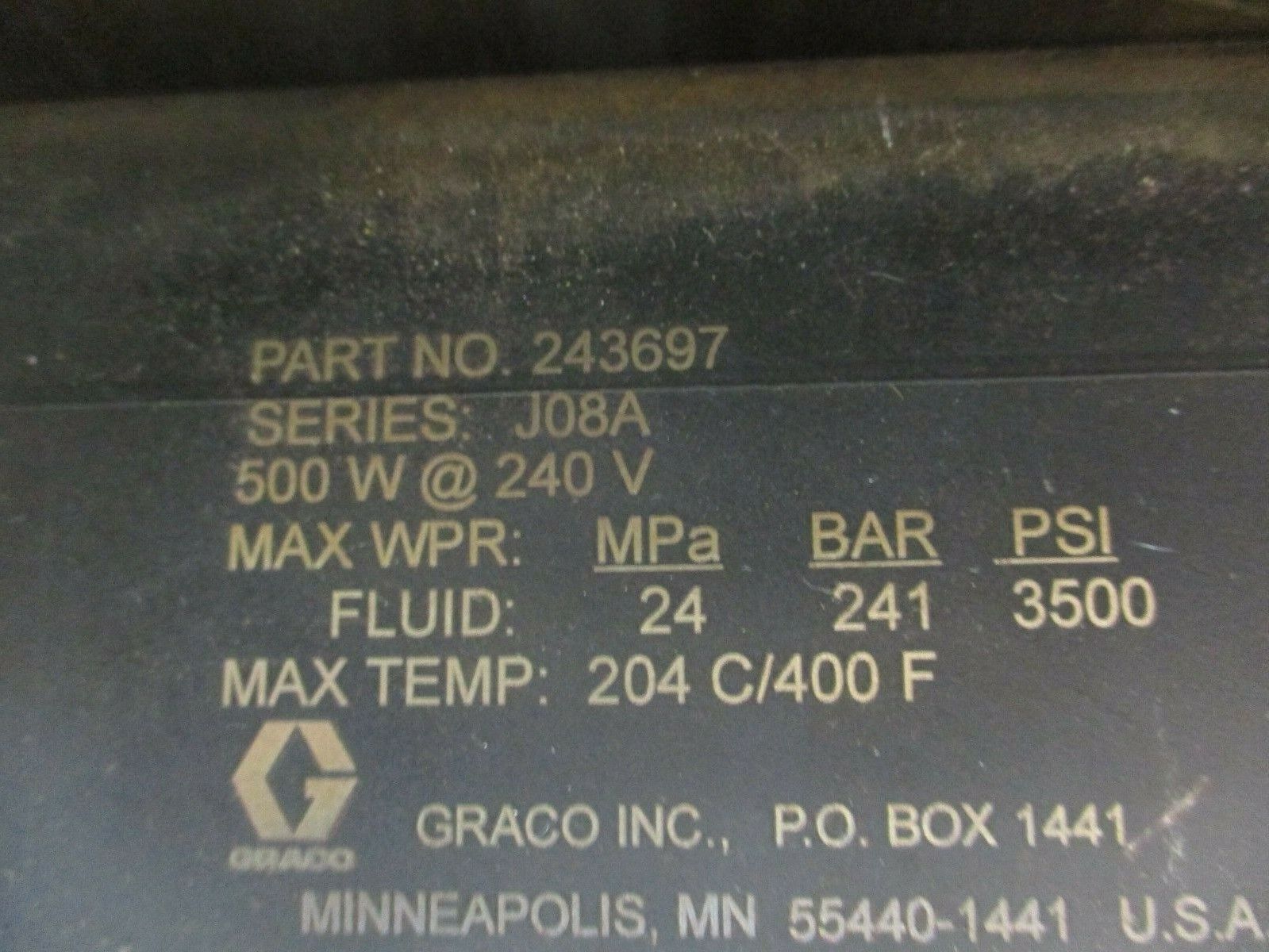 Graco Series J08A Heated Manifold 243697 500W 240V 3500PSI 400°F Max Used