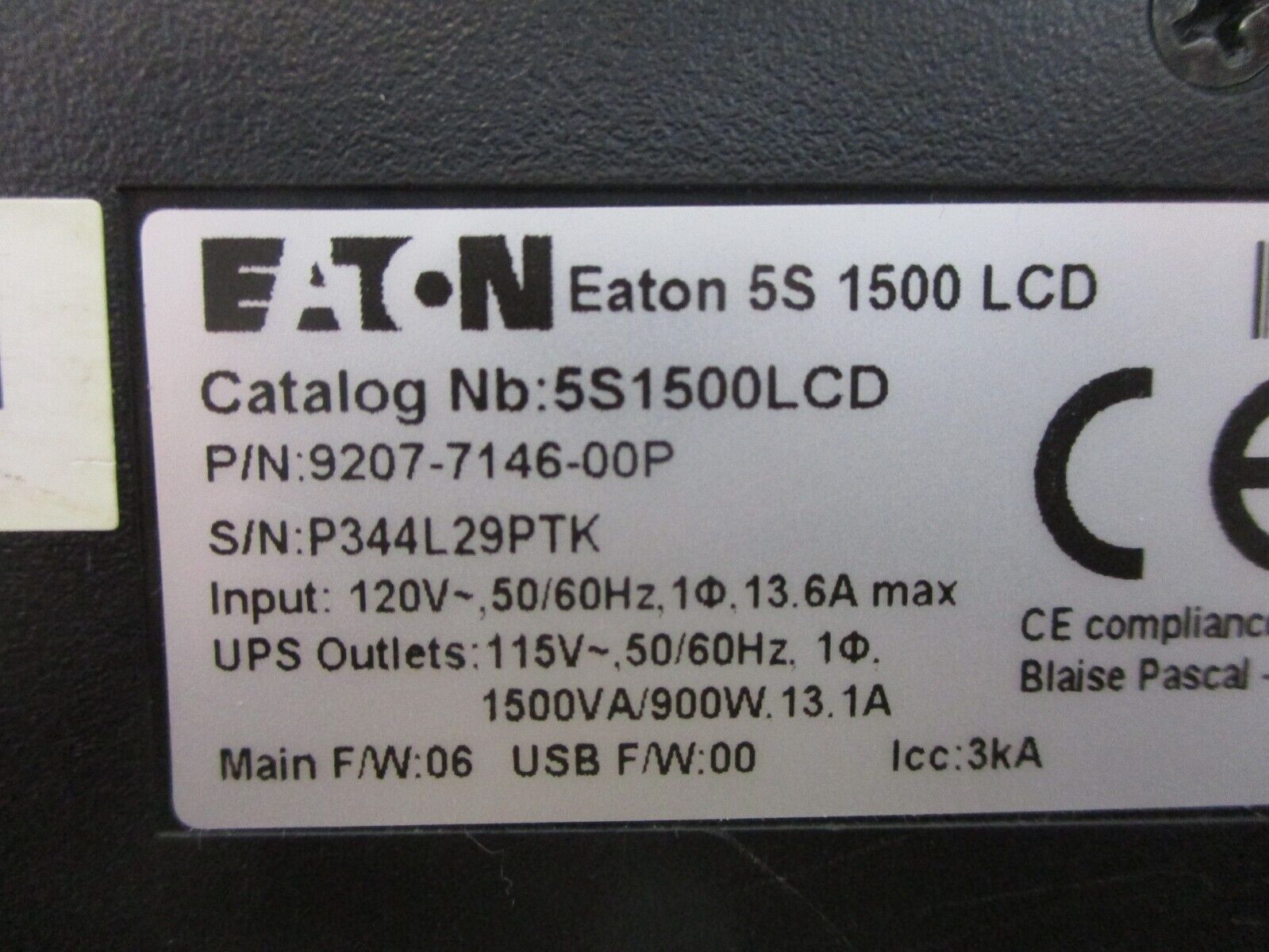 Eaton UPS 5S1500LCD Main F/W: 06 Input:120V~ 50/60Hz 13.6A Used