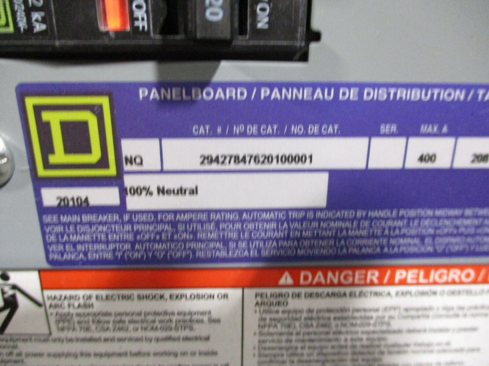 Square D Main Lug NQ Panelboard Interior 29427847620100001 400A 208Y/120V 3Ph 4W