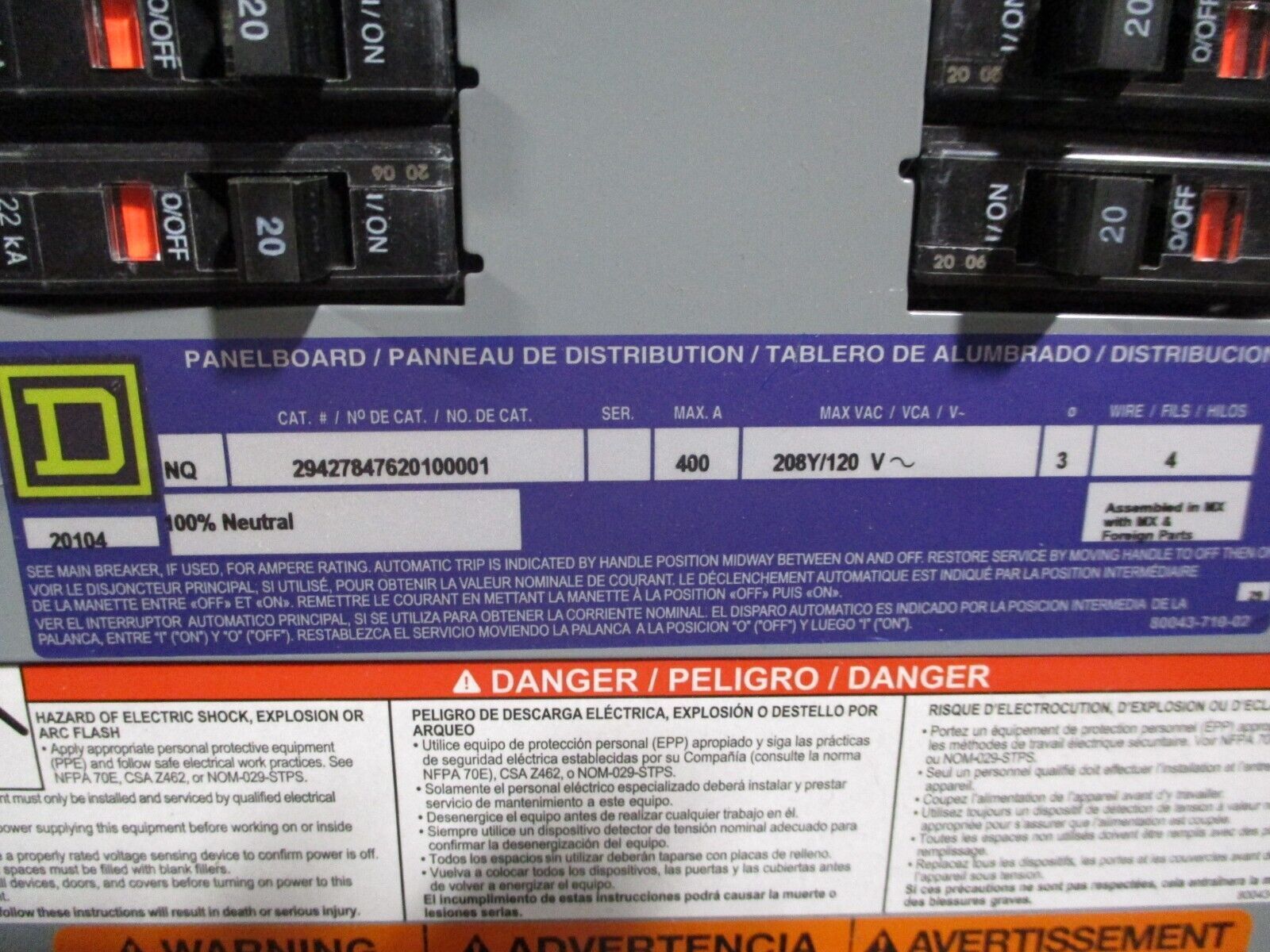 Square D Main Lug NQ Panelboard Interior 29427847620100001 400A 208Y/120V 3Ph 4W