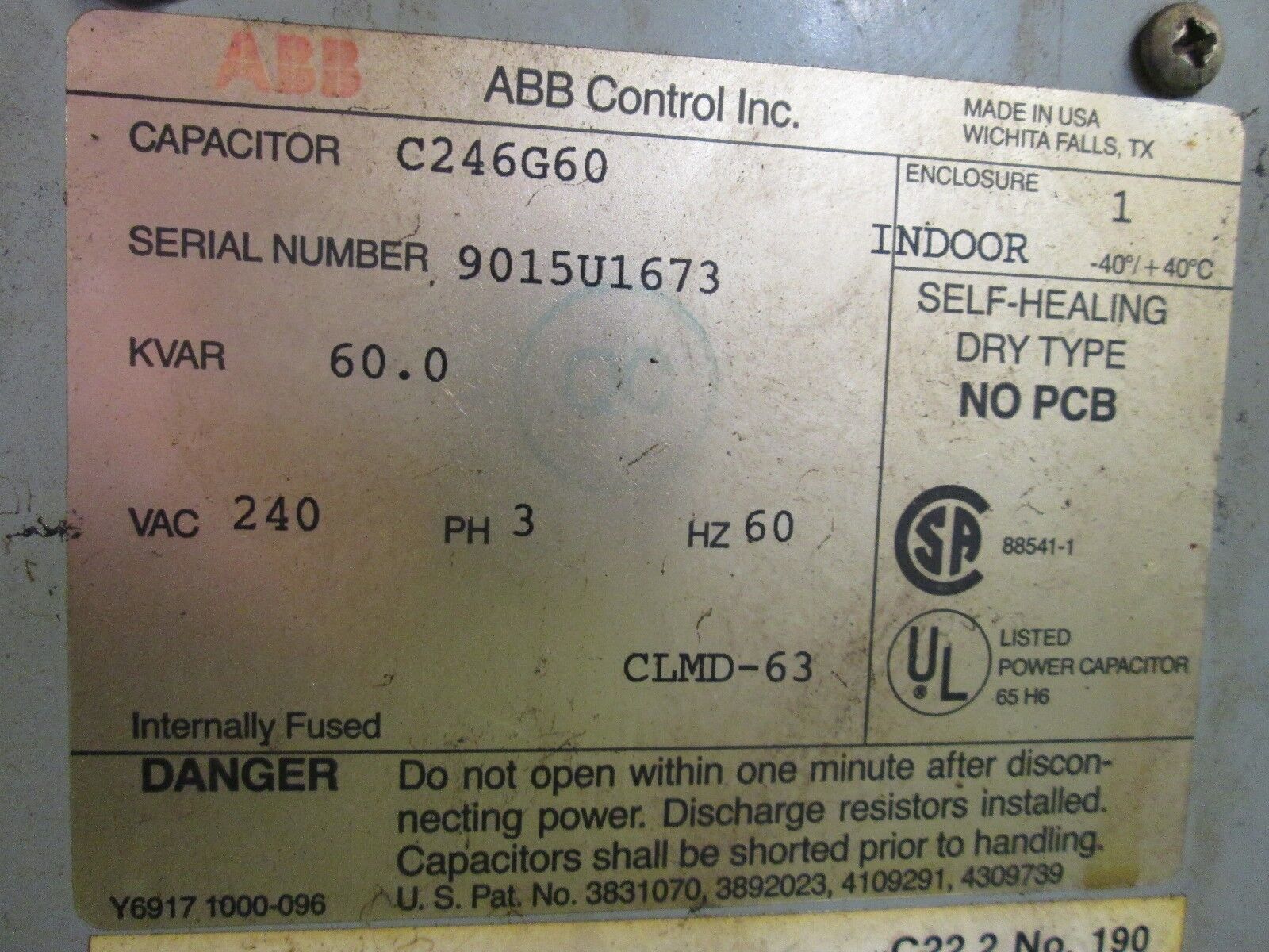 ABB CLMD 63 Capacitor C246G60 60 KVAR 240VAC 3Ph 60Hz Used