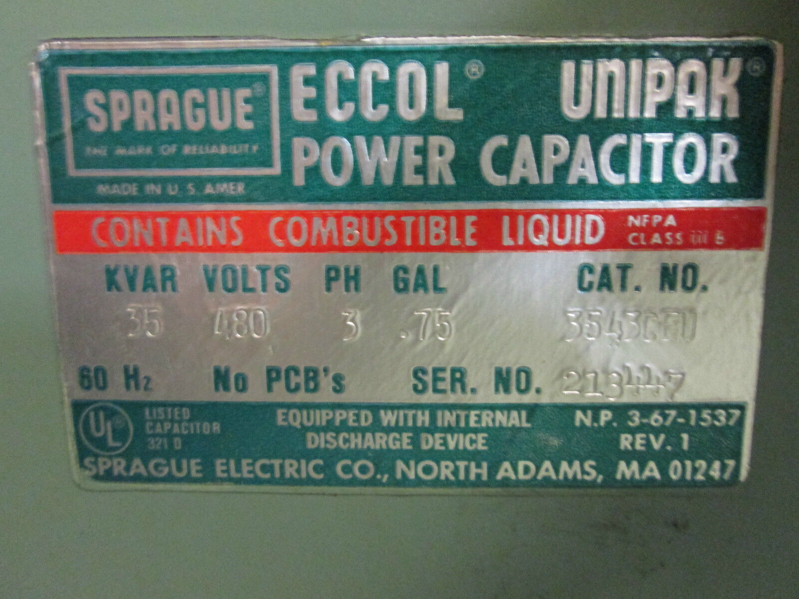 Eccol Unipak Power Capacitor 3543CFU 35 KVAR 480V 3Ph 60Hz Used