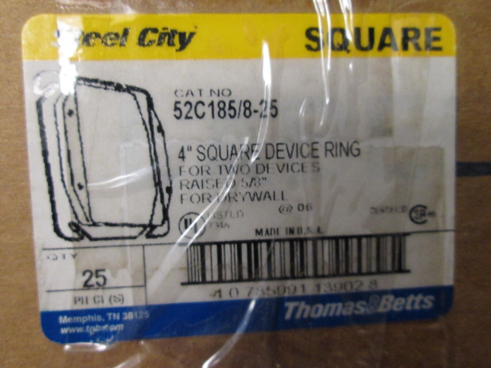 Thomas & Betts 4" Square Device Ring 52C185/8-25 Raised 5/8" *Box of 25* New