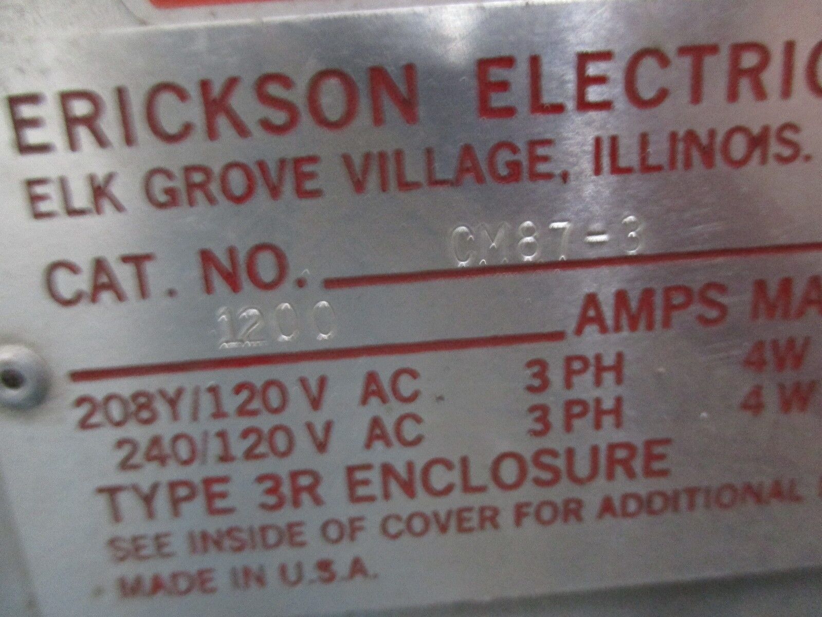 Erickson 3-Position Meter Stack CM87-3 3R Enclosure w/ Breaker ED3125 1200A Used