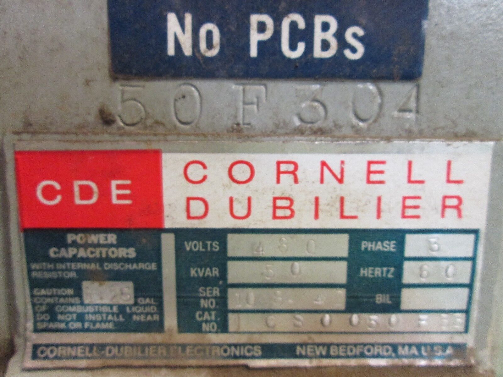Cornell Dubilier Power Capacitor 1CS0050F33 50 KVAR 480V 60Hz 3Ph Used