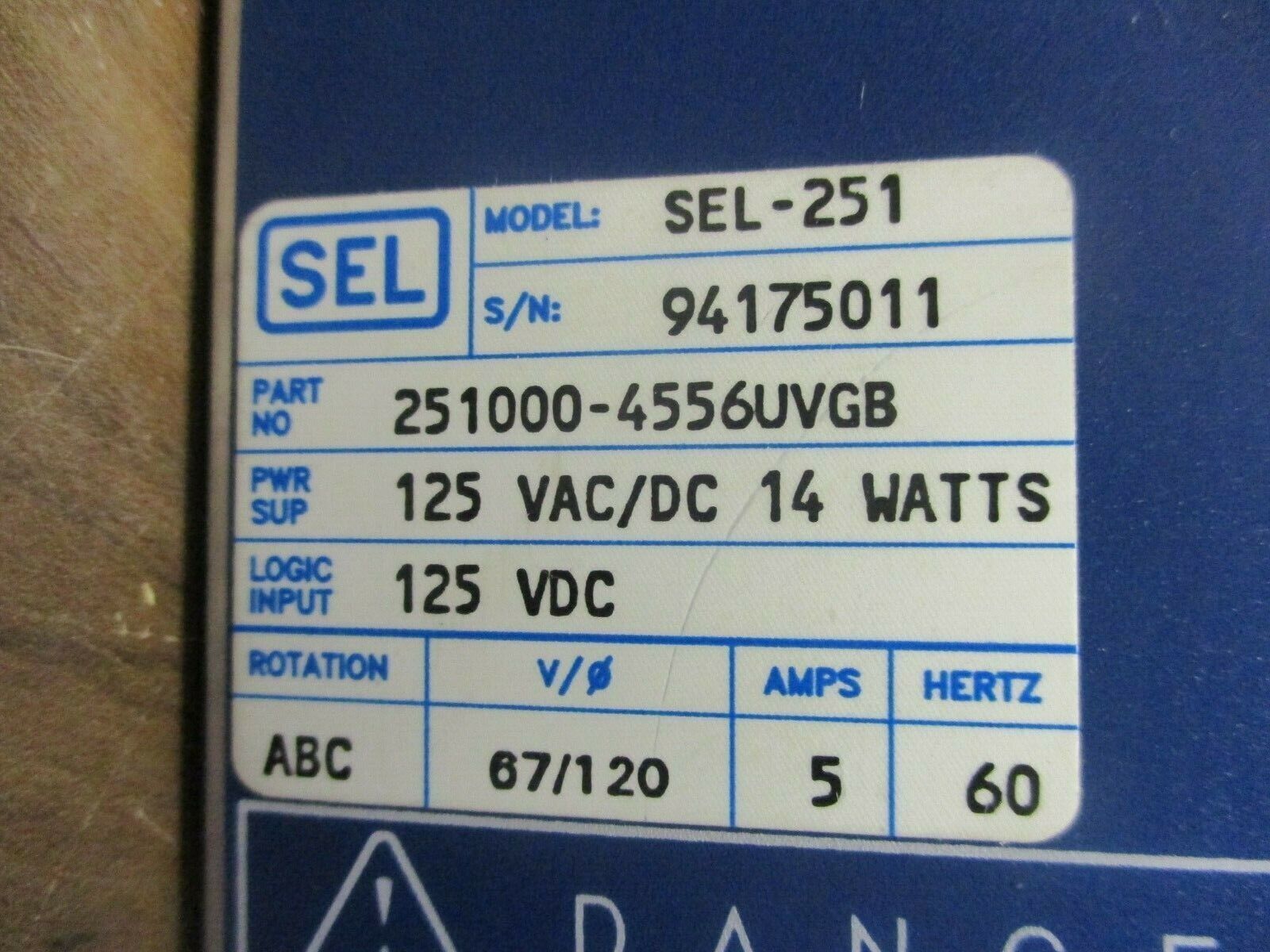 SEL Model SEL-251 Distribution Relay 251000-4556UHGB Power Supply: 120VAC/DC 14W
