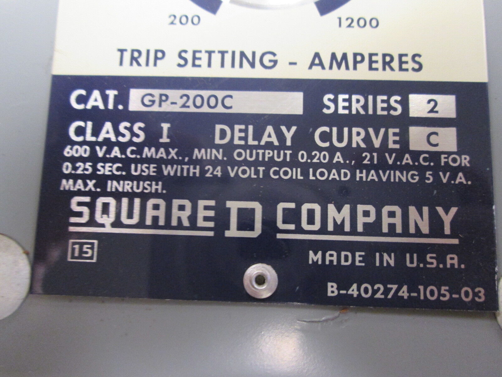 Square D Ground-Censor Type GP Ground Fault Relay GP-200C Ser. 2 Delay Curve: C