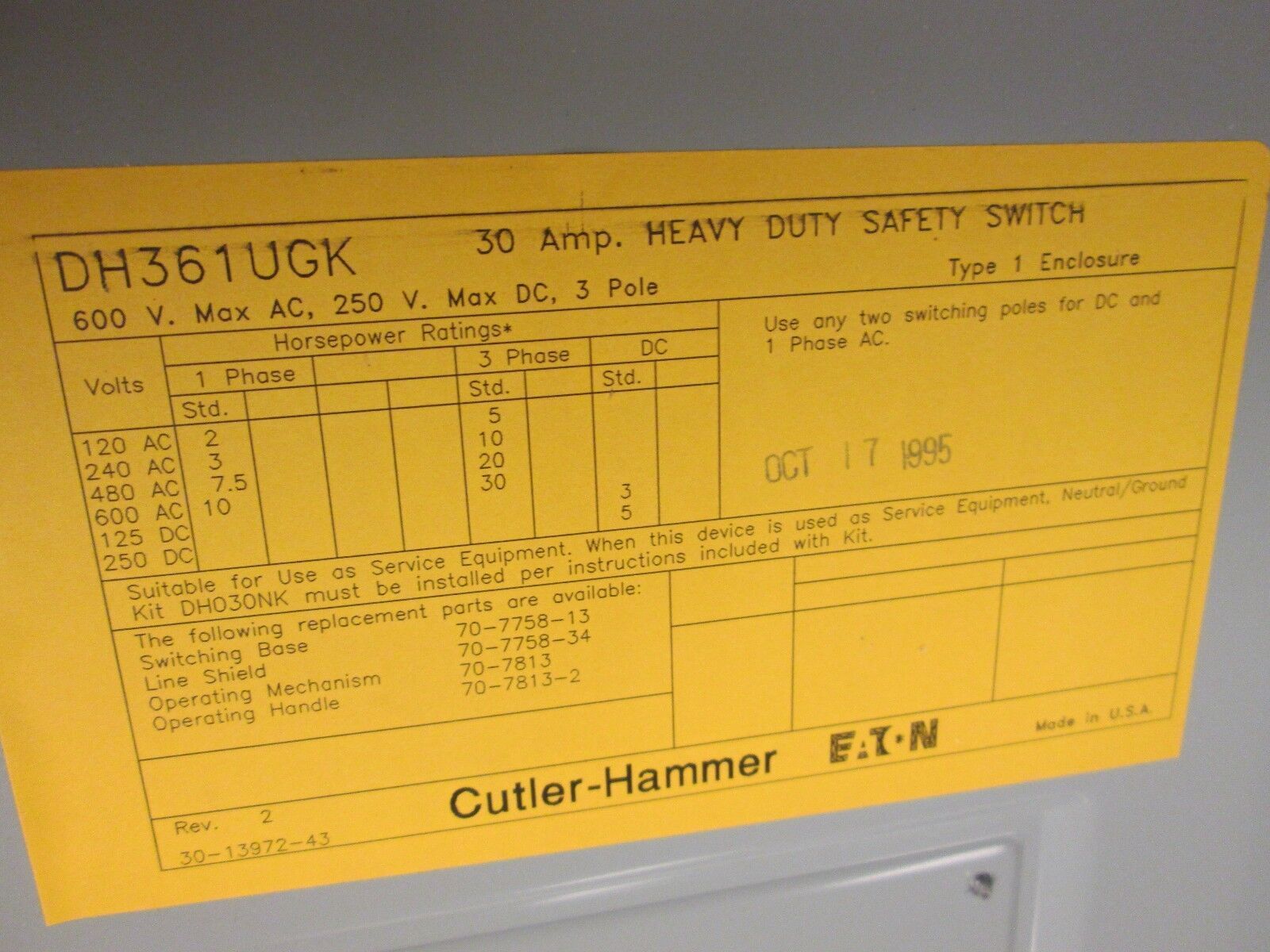 Cutler-Hammer Non-Fusible Safety Switch DH361UGK 30A 600V 3P Used
