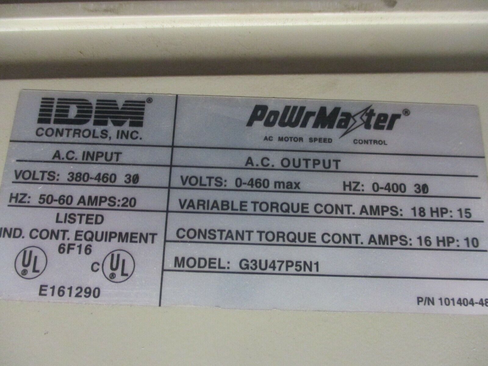 IDM Controls PowrMaster AC Drive G3U47P5N1 18HP 3Ph Used