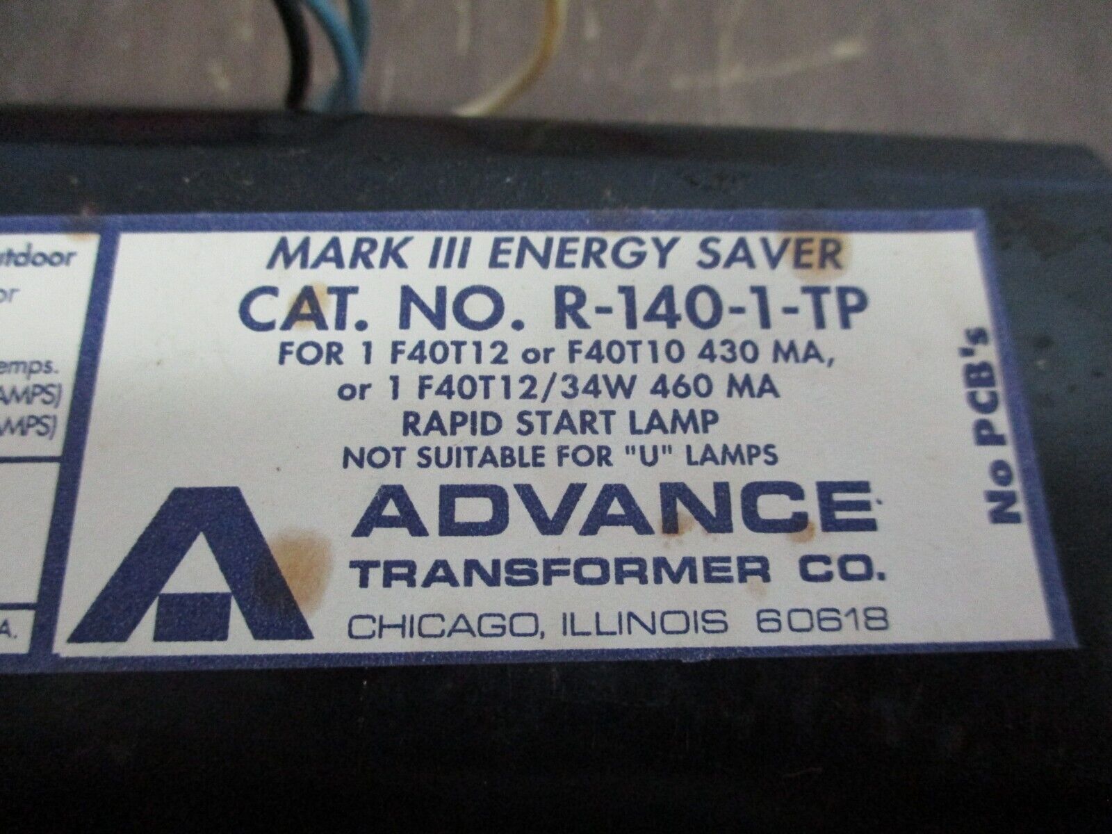 Advance Mark III Ballast R-140-1-TP 120V 60Hz New Surplus