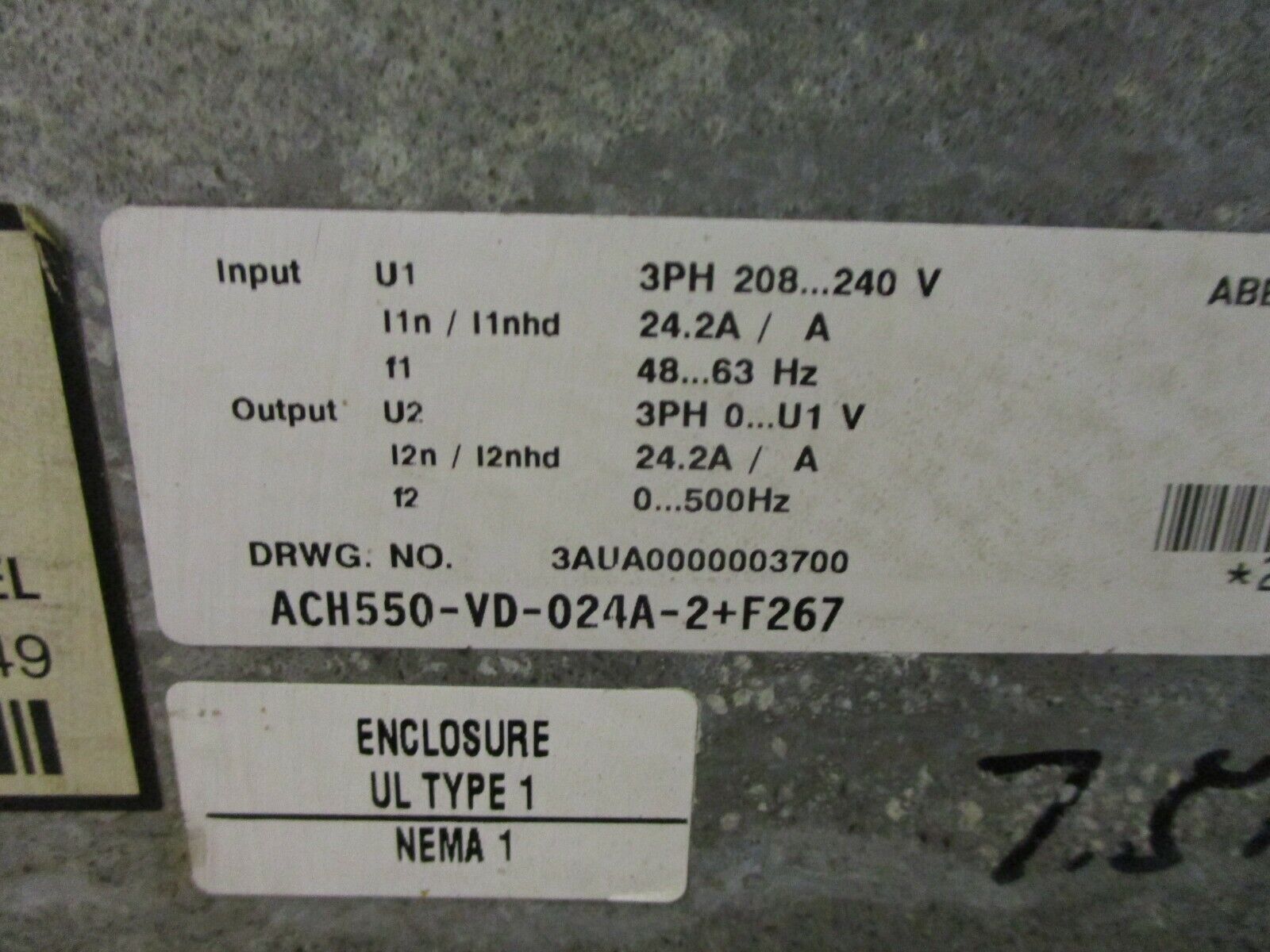 ABB ACH550 AC Drive w/Bypass ACH550-VD-024A-2+F267 7.5HP 3Ph w/Keypad Used