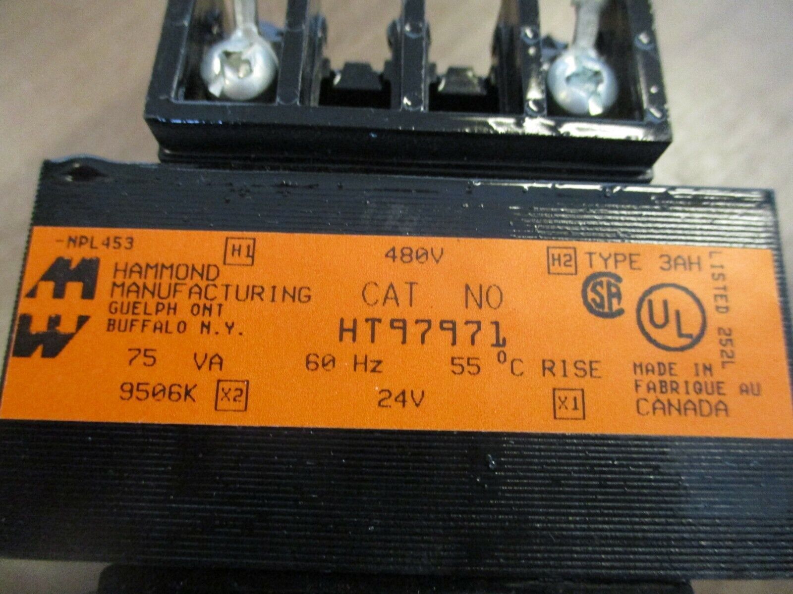 Hammond Type 3AH Transformer HT97971 75VA Pri: 480V Sec: 24V 60Hz Used