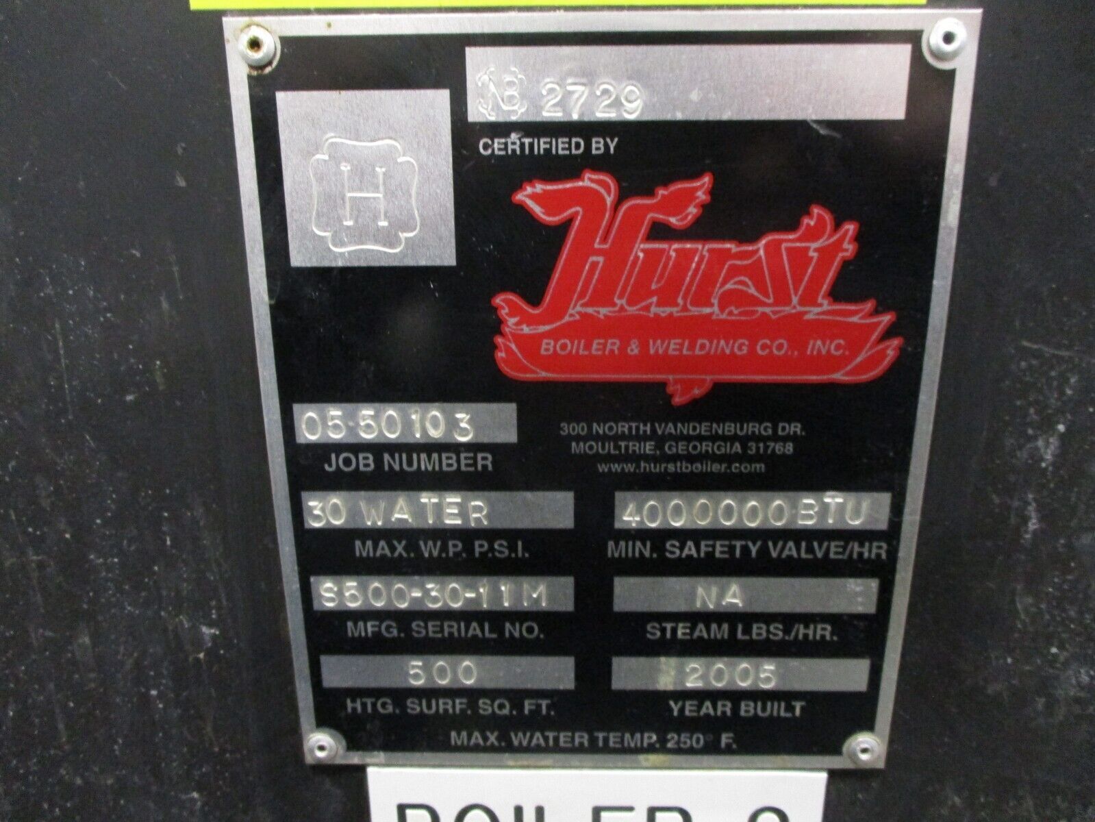 Hurst Series 500 Firetube Boiler 100HP 500 SQ FT Heating Surface MFD 2005 Used