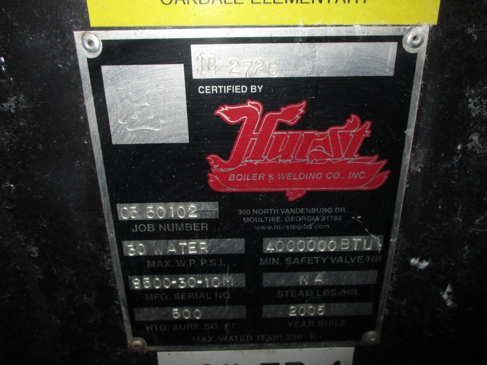 Hurst Series 500 Firetube Boiler 100HP 500 SQ FT Heating Surface MFD 2005 Used