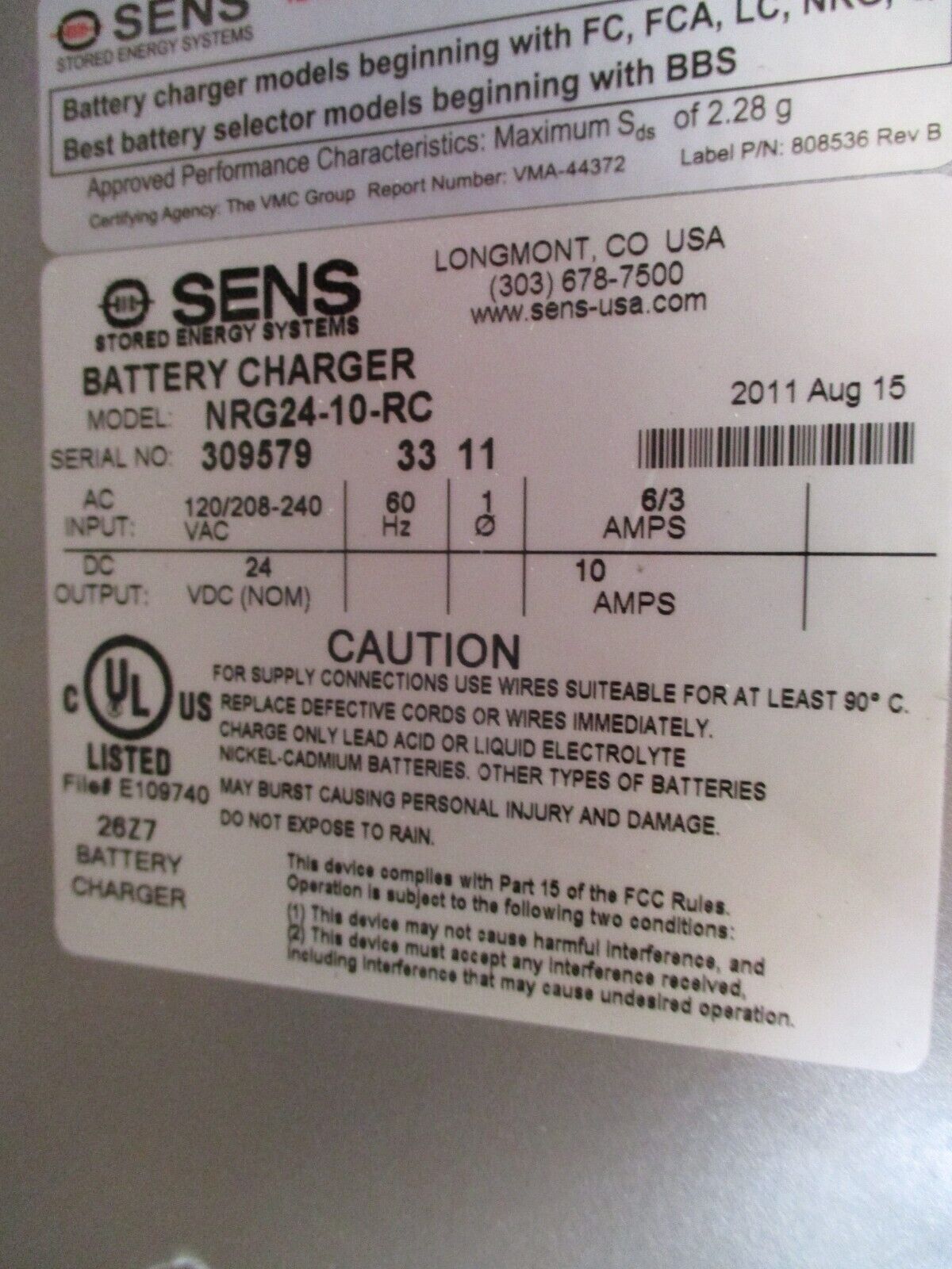 Sens Energenius Battery Charger NRG24-10-RC Output: 24 VDC 10A Used