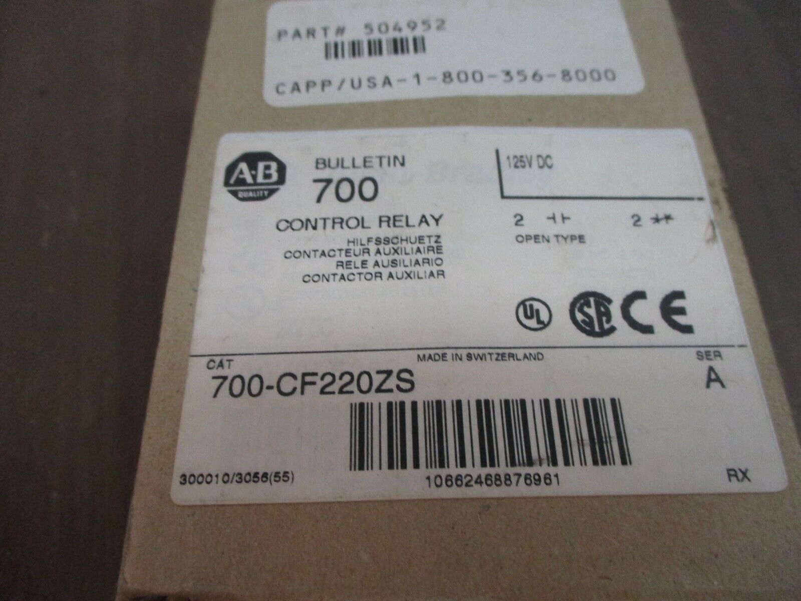Allen-Bradley Control Relay 700-CF220ZS Ser. A 125VDC Coil New Surplus