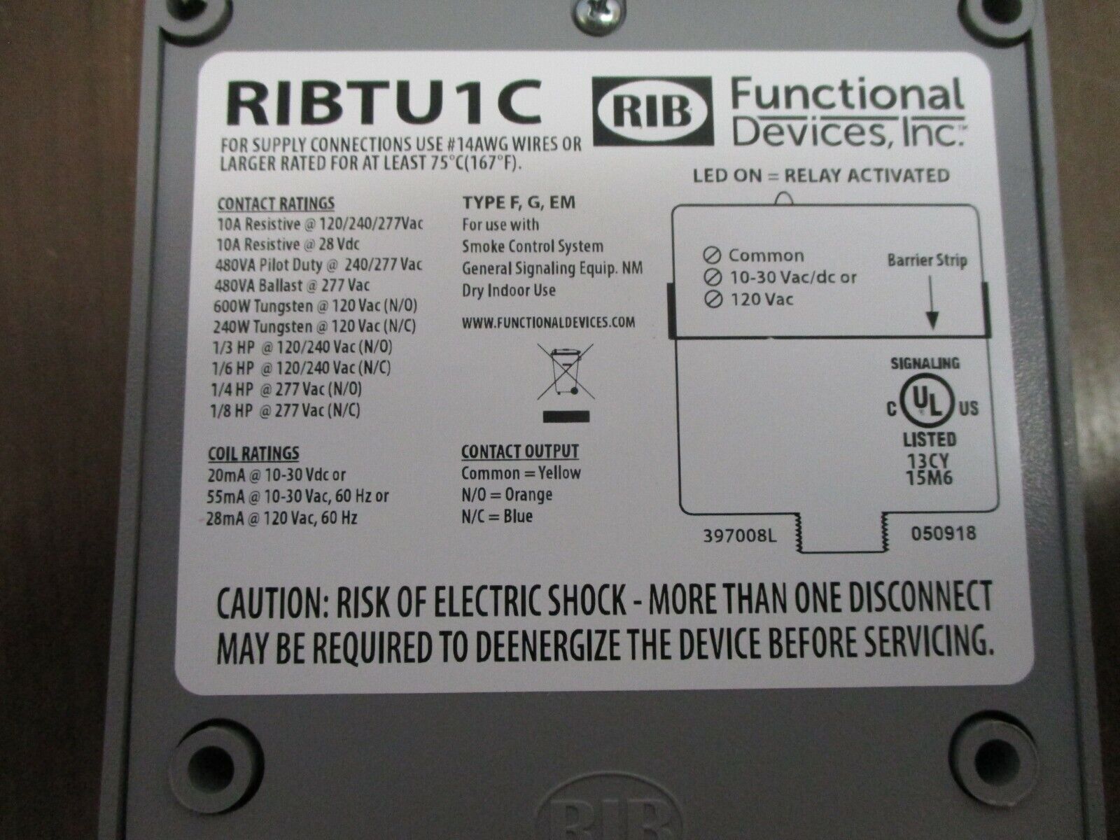 RIB Enclosed Relay RIBTU1C 10-30VAC/DC // 120VAC Coil 10A SPDT New Surplus