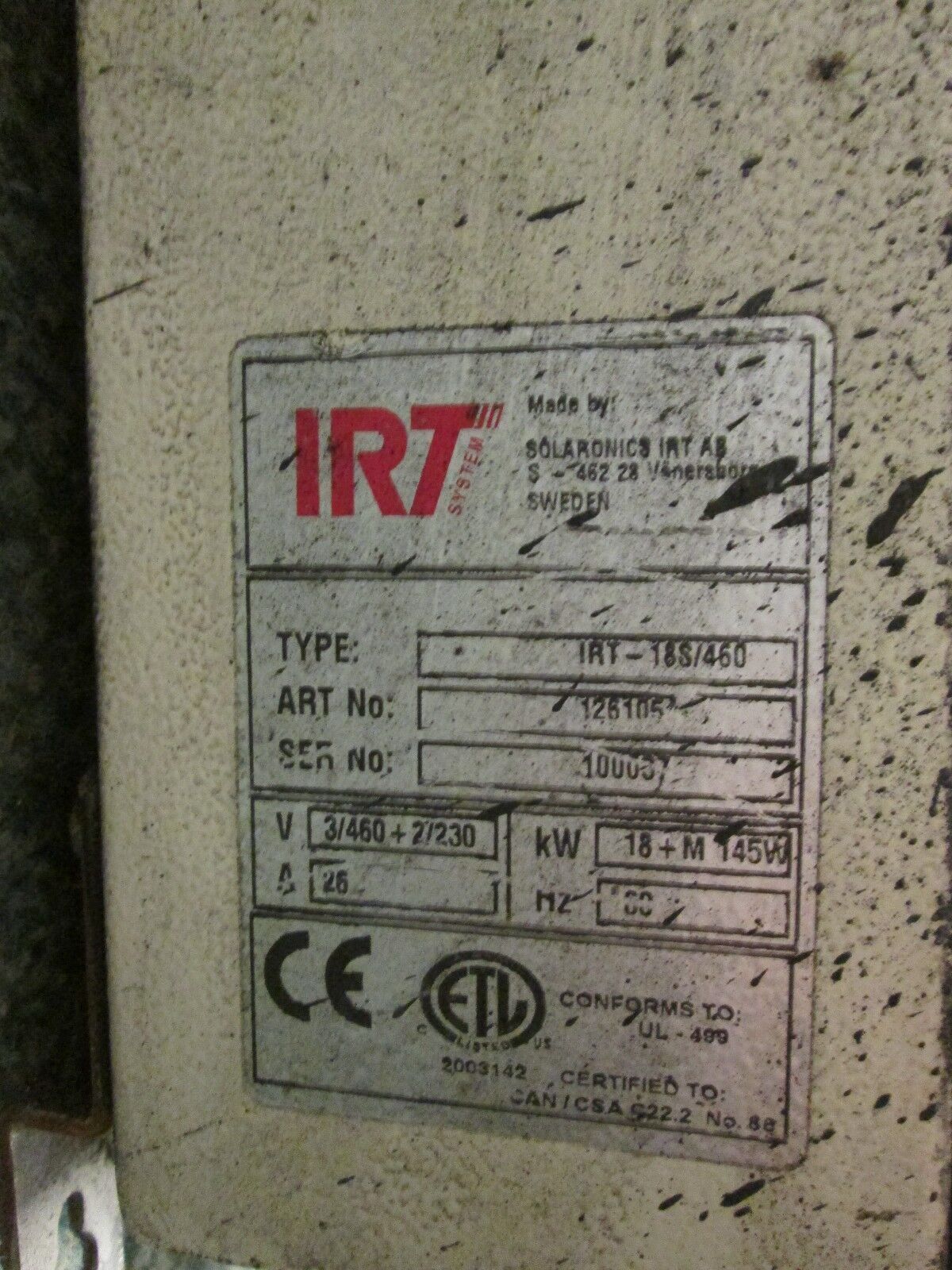 IRT 18S/460 Controller 126105 3/460V + 2/230V 25A 75 00 94 Control Board Used