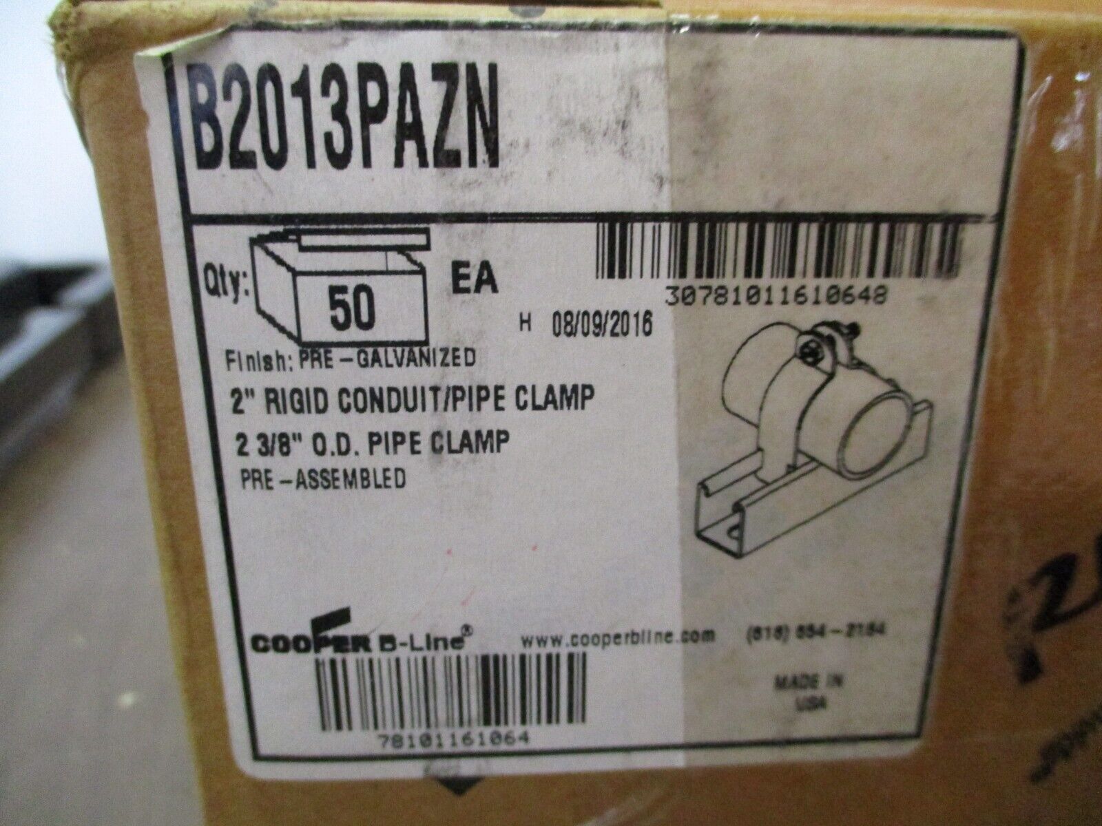 Cooper B-Line Rigid Conduit / Pipe Clamp B2013PAZN 2" *Box of 50* New Surplus