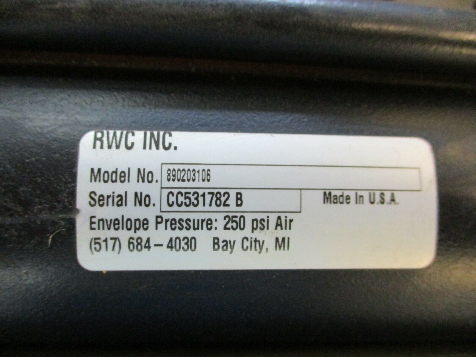 RWC, Air Cylinder, part#:890203106, 250psi, used
