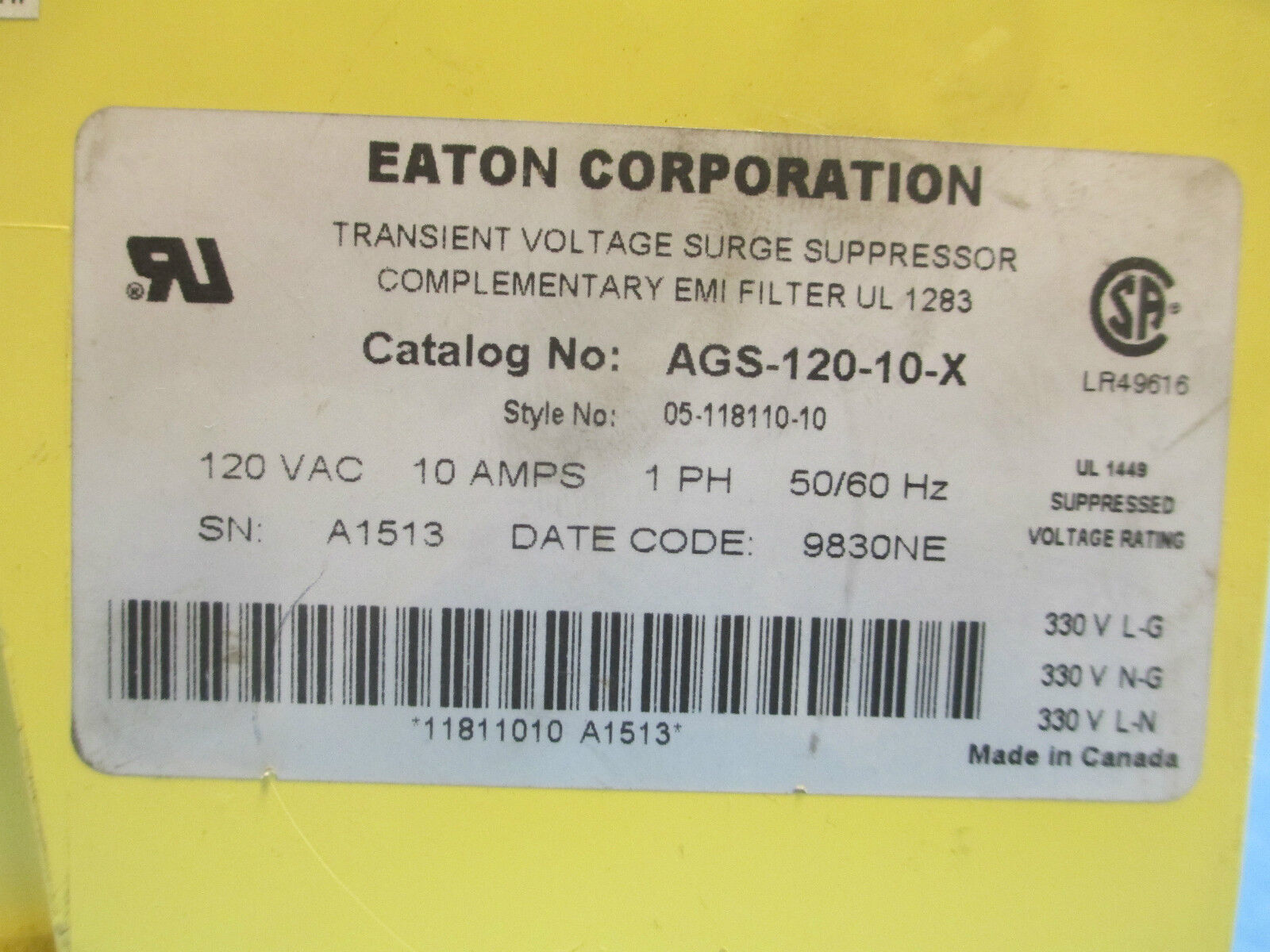 Eaton Transient Voltage Surge Suppressor AGS-120-10-X 10A 120V 1PH Used