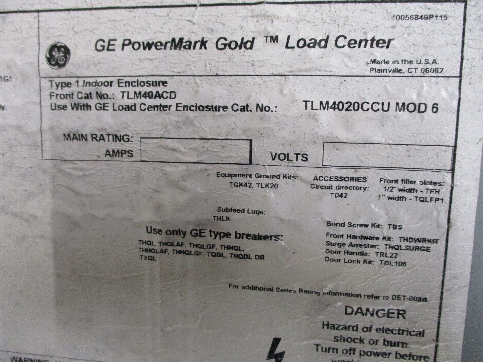 GE Main Lug Circuit Breaker Panel TLM4020CCU MOD6 200A Max 120/208V 1Ph Used