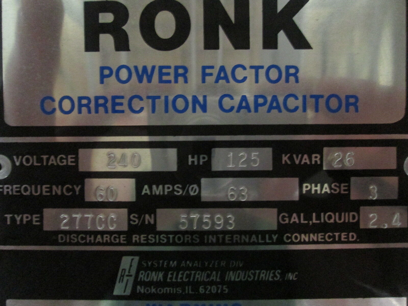 Ronk Capacitor 277CC 26KVAR 240V 63A 3Ph Used