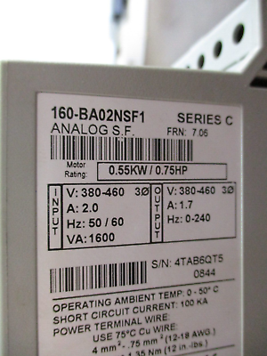 Allen-Bradley Smart Speed Controller 160-BA02NSF1 0.75Hp FRN: 7.06 Used