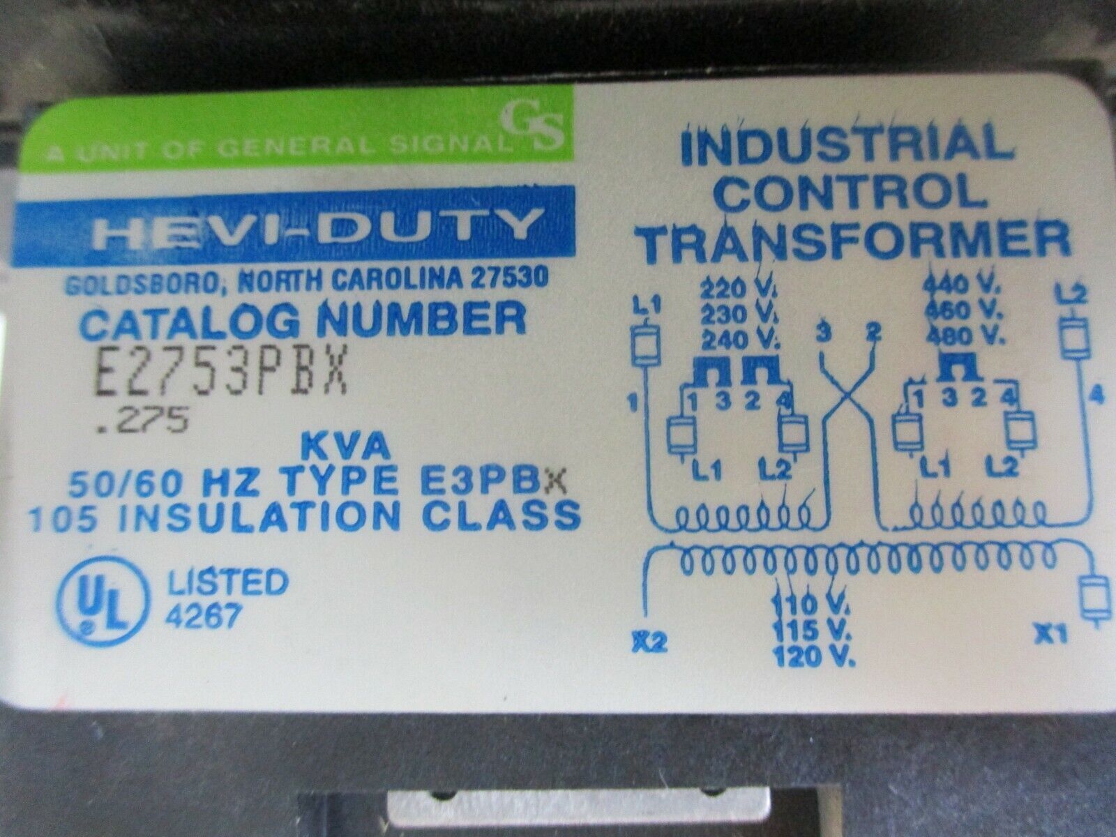 Hevi-Duty Control Transformer E2753PBX 0.275kVA Pri: 240/480V Sec: 120V Used