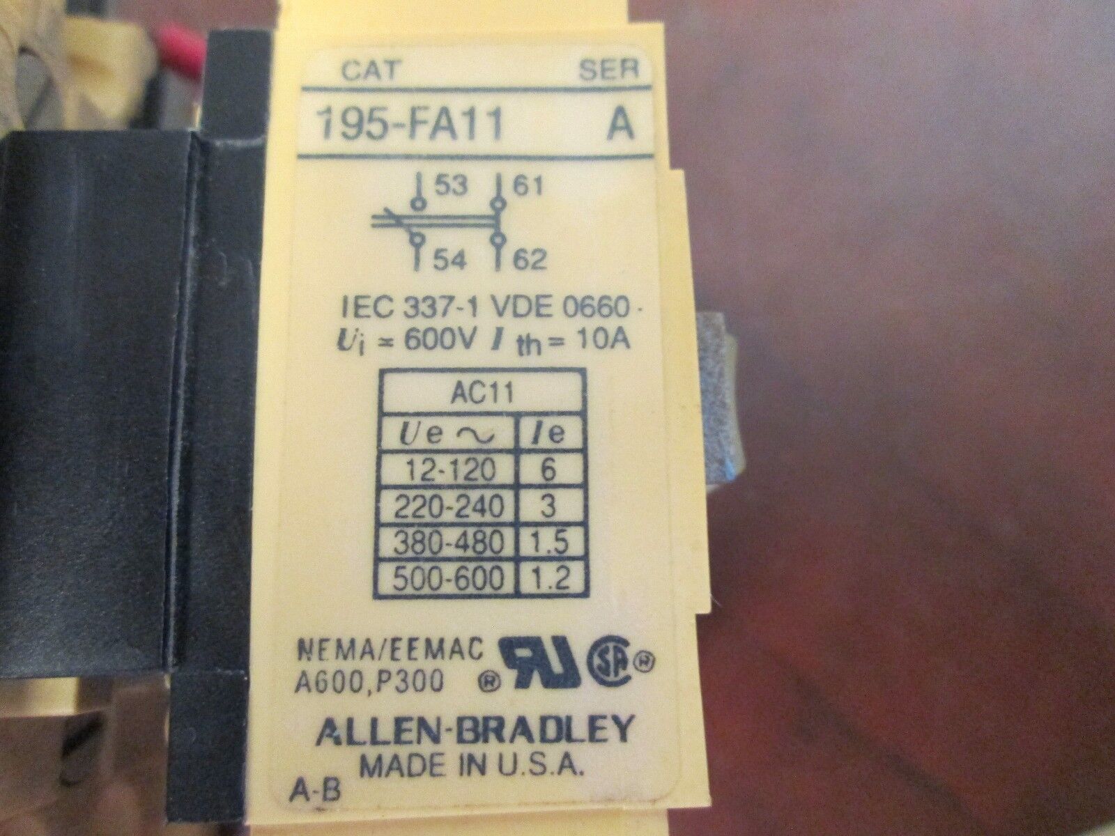Allen-Bradley Contactor 100-A12ND3 / 195-FA11 12A 600V 120V Coil Used
