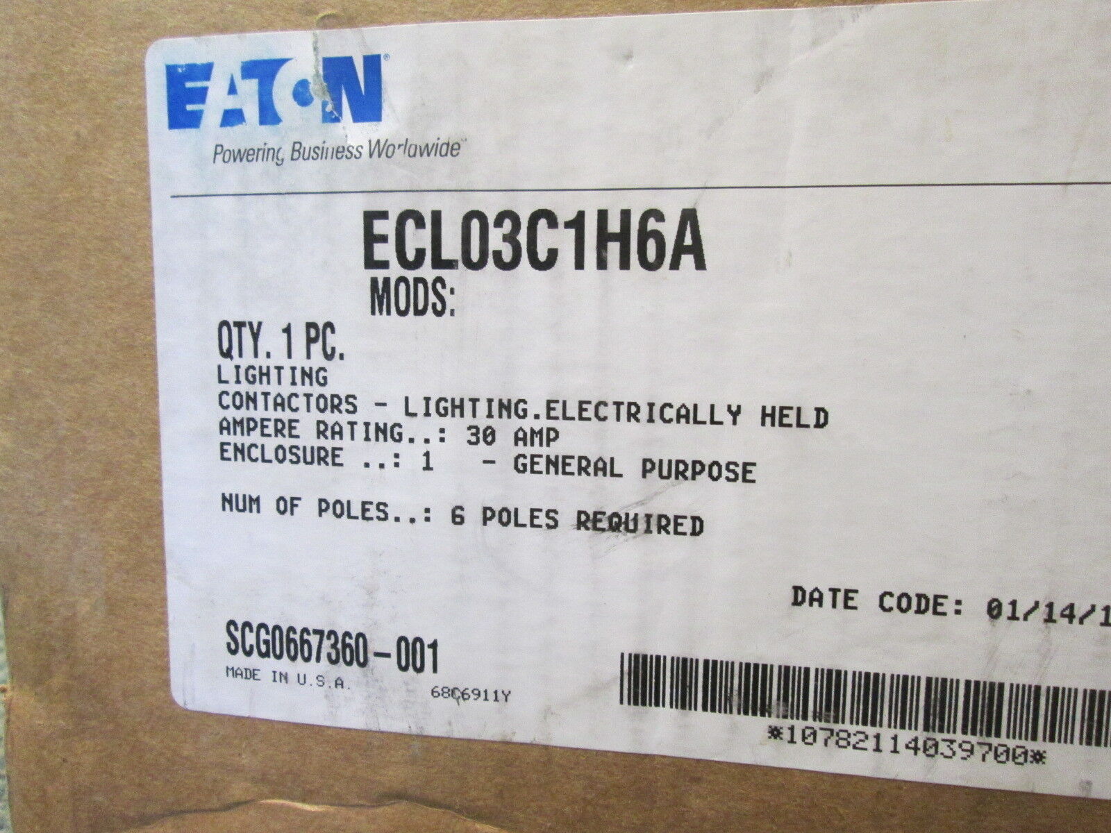 Eaton Enclosed Lighting Contator ECL03C1H6A 30A Type 1 Enclosure 6P New Surplus
