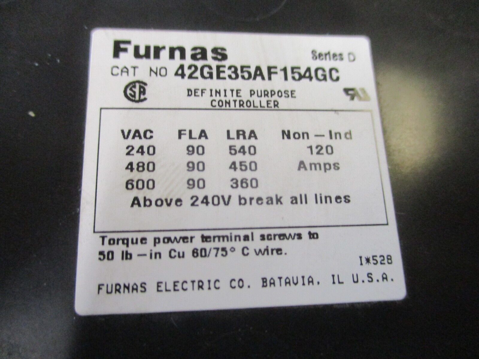 Furnas Definate Purpose Contactor 42GE35AF154GC Ser. D 120V Coil 90A 600V Used.